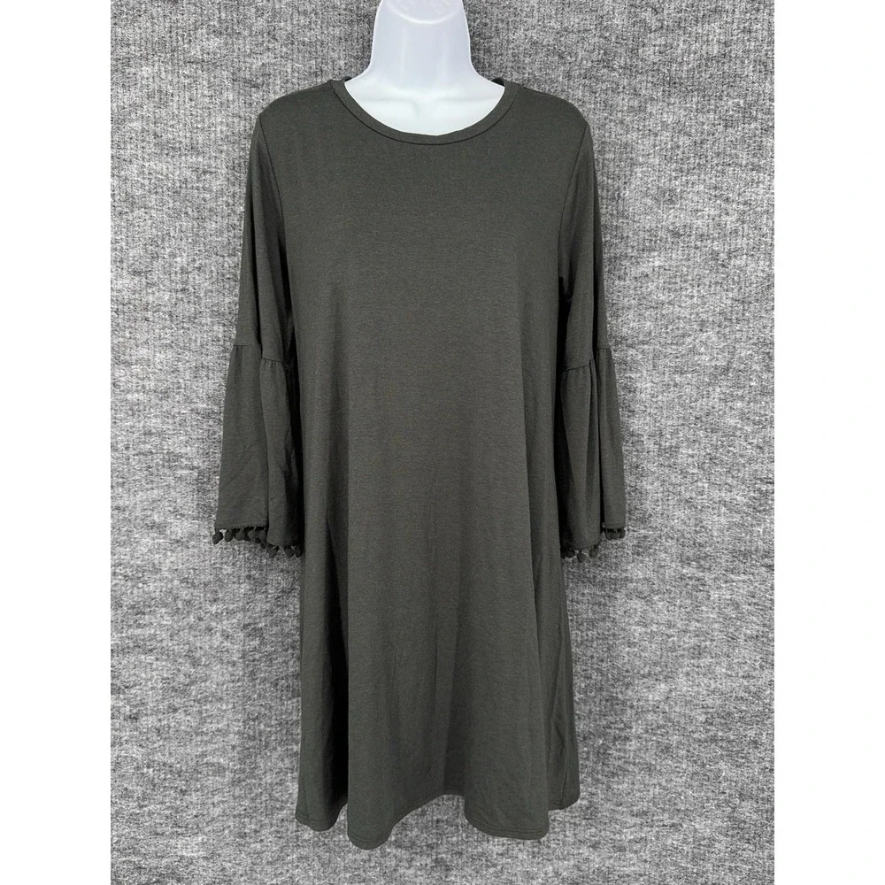 Johnny Was CALME T Shirt Dress Womens Small Mini Green Bell Sleeve Tassel Jersey